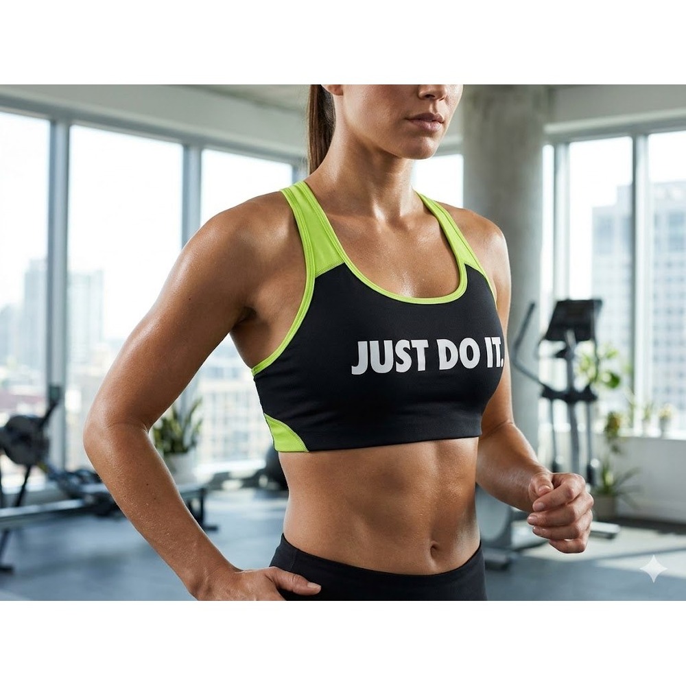 Nike Just Do It Racerback Sports Bra Black Neon Green Graphic Medium Support